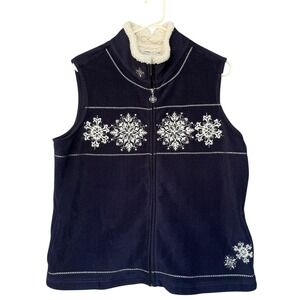 Croft & Barrow Vest Womens Large Navy Fleece Sherpa Collar Snowflake Winter Zip